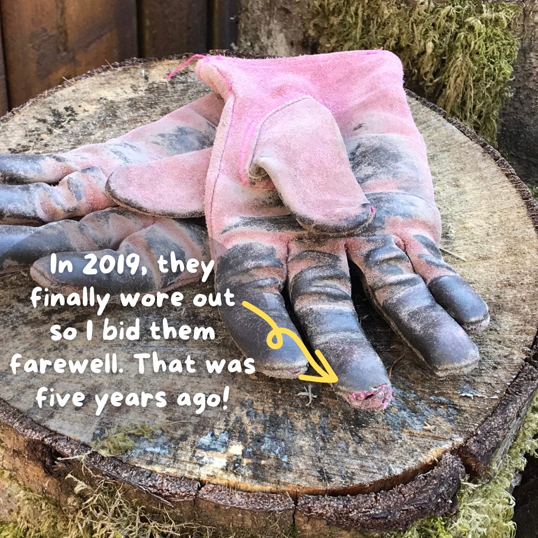 The same pink leather gloves highlight by a yellow curling arrow pointing to worn out fingertips.