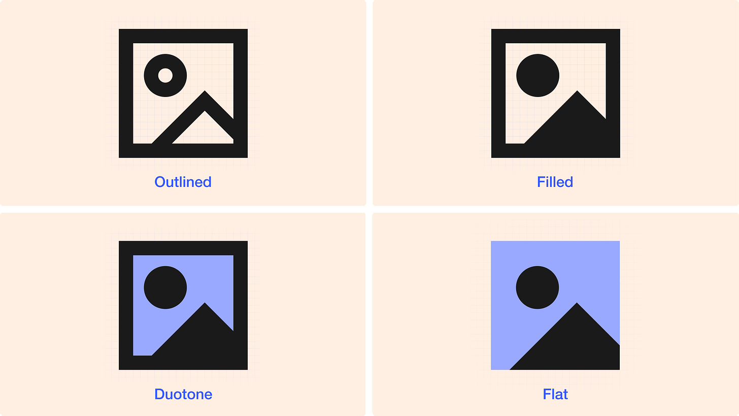 Icon styles can be outlined, filled, duotone or flat