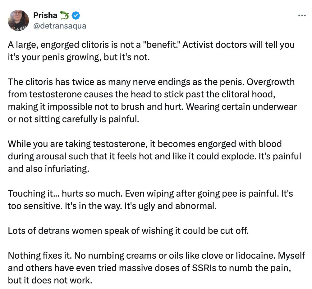 A detransitioner describes clitoral pain from testosterone use