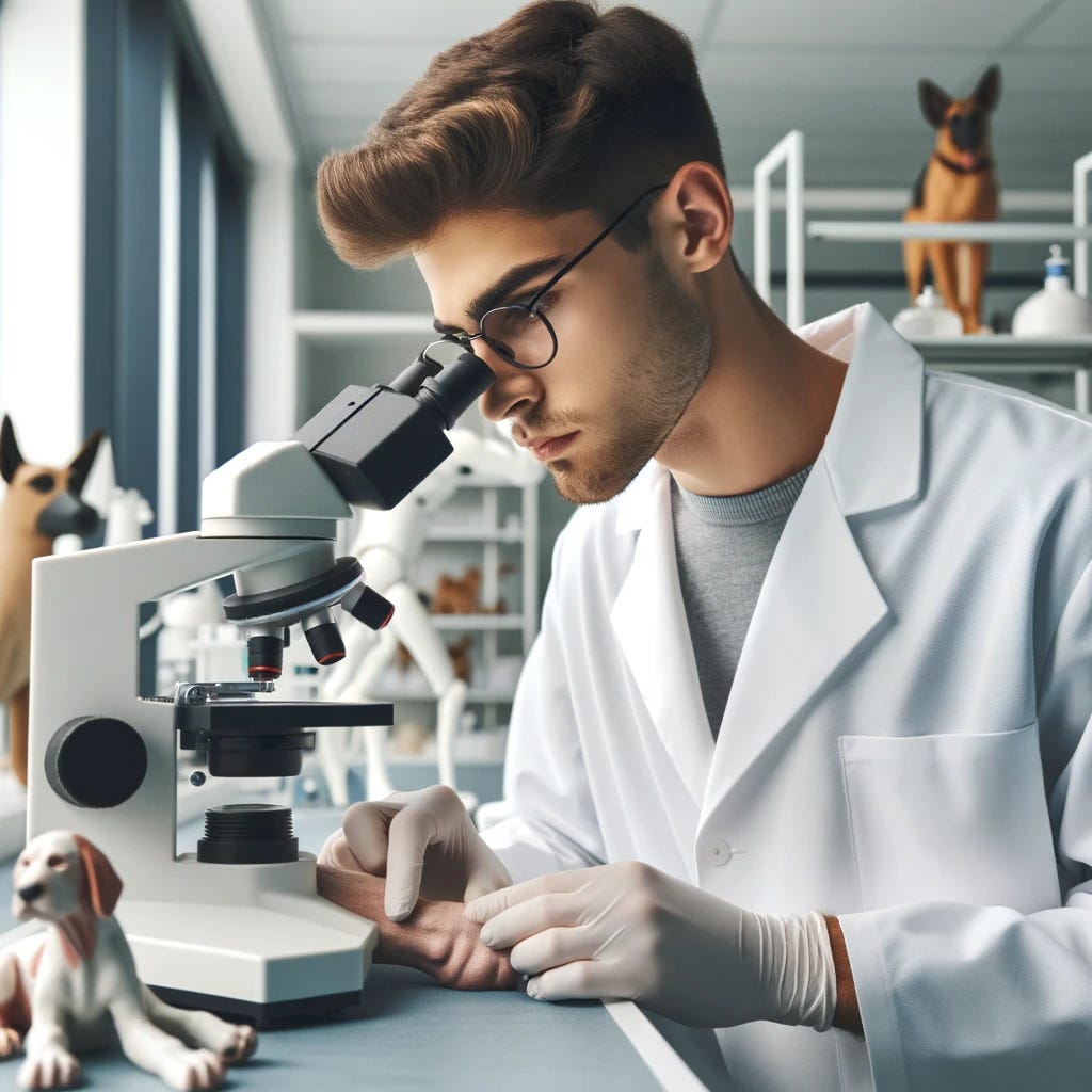 A veterinary student in a clinical setting, focused and wearing a white lab coat, surrounded by medical equipment and animal models. The student is engaged in a practical task, such as examining a dog's leg or looking through a microscope. The setting is a modern veterinary school lab, with a bright and clean atmosphere, conveying a sense of dedication and passion for animal care.