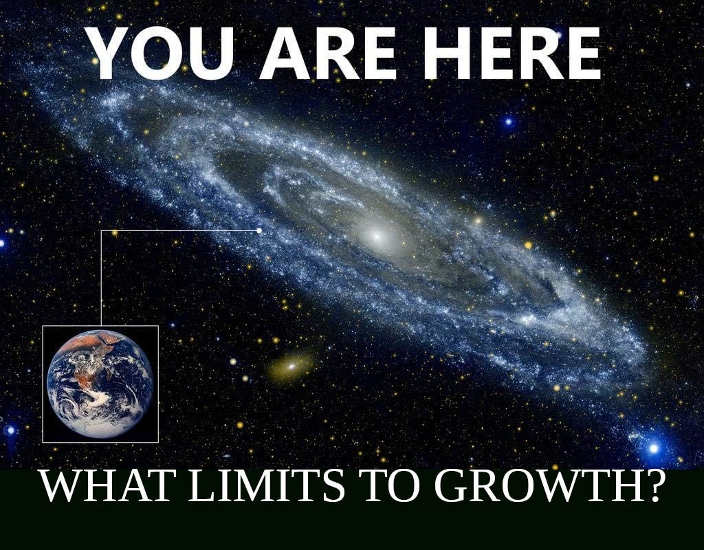 galaxy with Earth shown a ways in on one spiral arm and words you are here what limits to growth