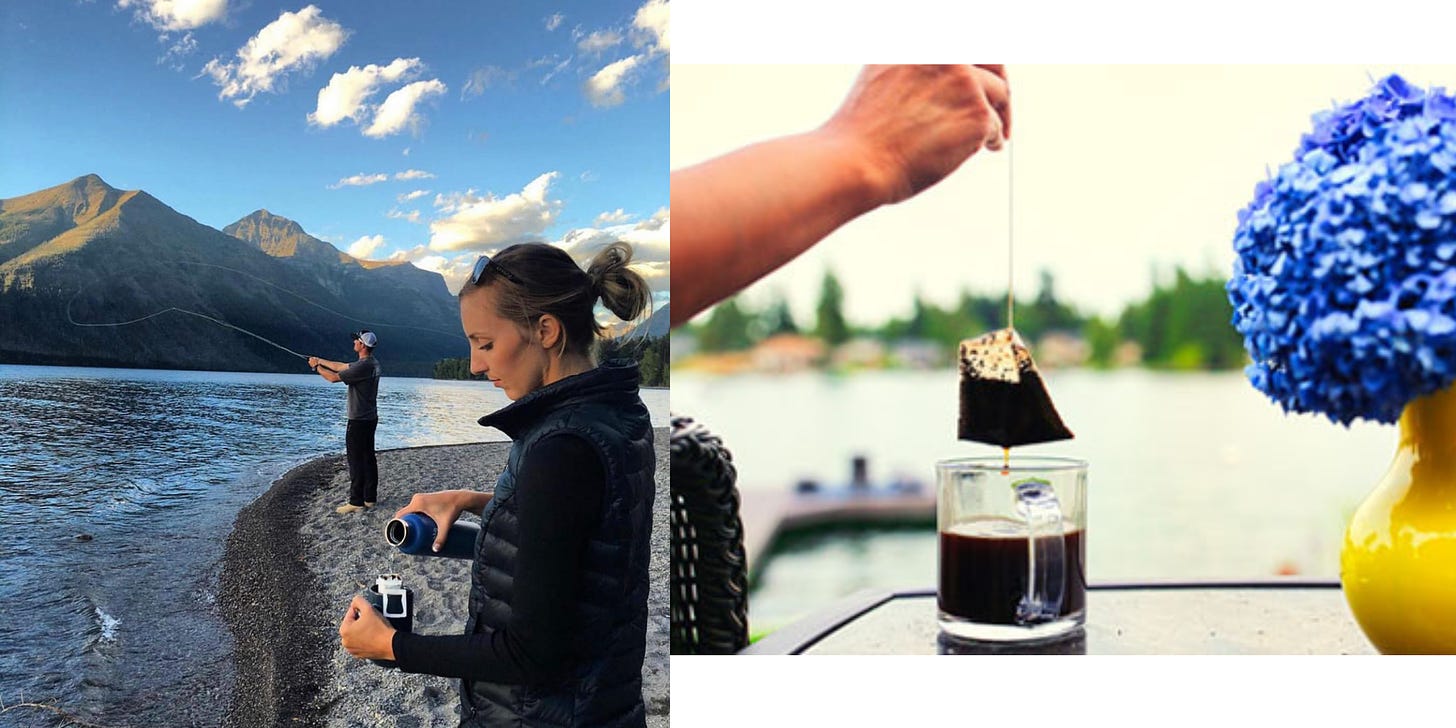 Left: In the foreground a woman in a puffy black vest pours hot water from a thermos over a single-serving coffee being brewed in a camp mug. In the background , a man fly fishes in front of a mountain and blue skies. Right: a coffee filled tea-style bag is pulled from a clear glass mug filled with coffee sitting on a table in front of a lake.