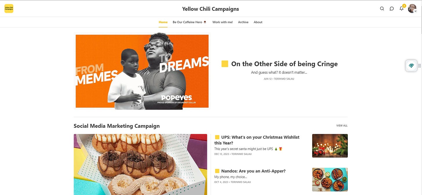 a screenshot of Yellow Chili Campaigns' homepage on Substack. The features article says "On the other side of being cringe"