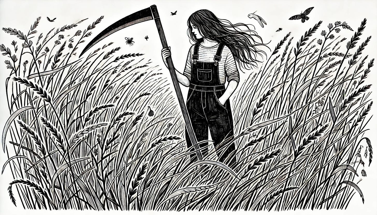 Black-and-white hand-drawn illustration of a woman in overalls standing in a field of tall, unkempt grass, holding a scythe. Her long hair flows gently, and she has a calm, introspective expression. Birds and insects are scattered around the grass, adding a whimsical, natural feel to the scene. The illustration has a cozy, earthy atmosphere, capturing the wild beauty of a slightly overgrown garden.