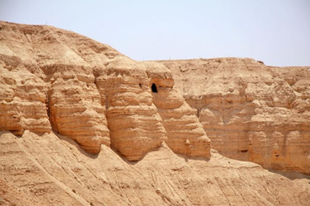 The Qumran cave where The Copper Scroll was discovered is an archaeological site in the West Bank located on a dry marl plateau about 1.5 km (1 mile) from the northwestern shore of the Dead Sea. (CC BY-SA 2.5)