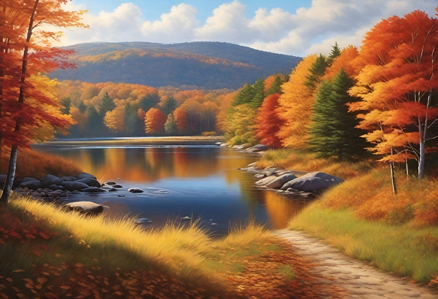 An illustration of an autumn landscape in New England.