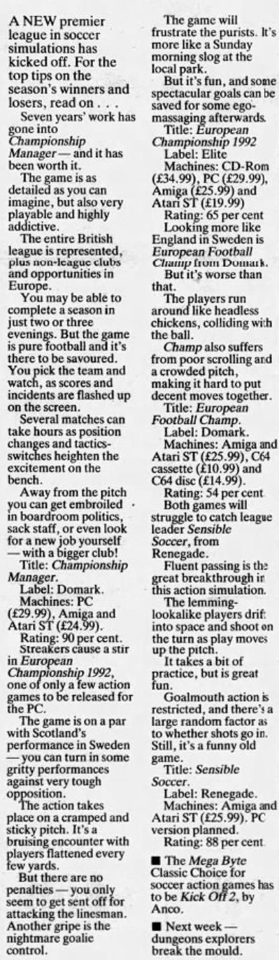 1992 Championship Manager Newspaper Review