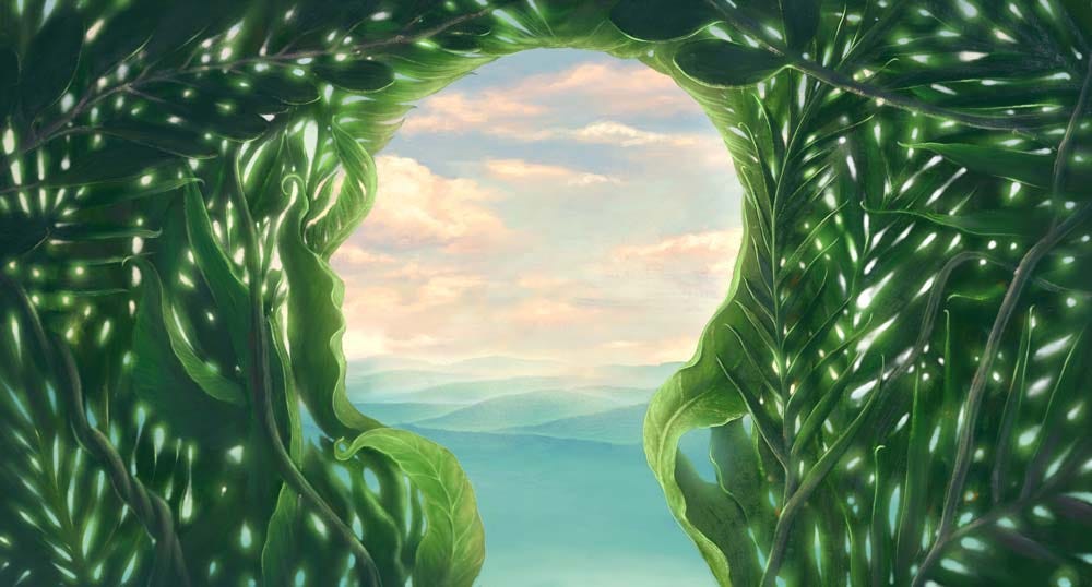 Illustration of psychological balance— luscious green plant growth in the form a silhouette with peaceful views in the background.