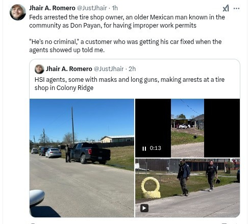 Houston Chronicle reporter Jhair A. Romero posted an eyewitness account of one arrest in Colony RIdge on Feb. 24, 2025. Houston Chronicle reporter Jhair A. Romero posted an eyewitness account of one arrest in Colony RIdge on Feb. 24, 2025.