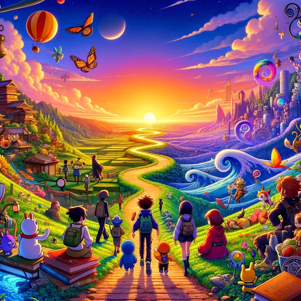 A vivid, cartoon image that captures the essence of both Japanese anime and Pixar's animation style, focusing on a theme of journey and learning. The scene depicts a diverse group of characters, each with distinct anime and Pixar-inspired designs, traveling together on a vibrant, winding path that stretches into a breathtaking, undefined horizon. The landscape is rich with fantastical elements, blending the serene beauty of traditional Japanese landscapes with the imaginative, colorful flair of Pixar's worlds. Various symbols of learning and growth—books, maps, compasses, and curious artifacts—are scattered along their path, suggesting that each step is a lesson learned. The characters interact with each other and their surroundings in a way that shows curiosity, collaboration, and a shared sense of adventure, embodying the idea that it's about the journey, not the destination.