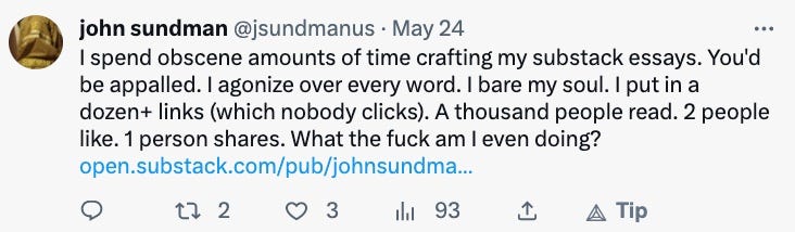 Screencap of a tweet I posted on May 24 this year: "I spend obscene amounts of time crafting my substack essays. You'd be appalled. I agonize over every word. I bare my soul. I put in a dozen+ links (which nobody clicks). A thousand people read. 2 people like. 1 person shares. What the fuck am I even doing?"