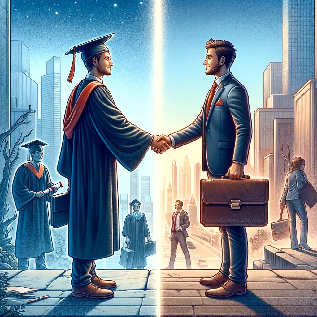 Depict a moment of transition and self-achievement, where a person is seen shaking hands with their future professional self. The scene is split into two halves: On the left side, the past self is dressed in graduation attire, holding a diploma, representing the person's student phase, complete with academic achievements and aspirations. The background of this side shows a college campus, symbolizing the person's educational journey. On the right side, the future professional self stands confidently in business attire, holding a briefcase or a prestigious award, indicating success in their chosen career path. The background here showcases a bustling city skyline, representing the professional world. The two figures, past and future selves, are meeting in the middle, shaking hands across the divide, symbolizing the person's growth from student to successful professional and the realization of their aspirations. The handshake represents self-recognition, achievement, and the unity of personal and professional growth.