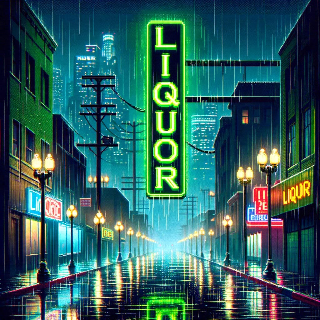 Create a 16-bit SNK Neo Geo style image depicting a rain-soaked Los Angeles night scene, featuring only one sign that says "LIQUOR." The sign should be a vertical neon green blade sign, attached to a liquor store, and it should be the only text in the image. The scene should capture the reflections of the neon sign on the wet, dewy streets, adding to the moody and atmospheric urban environment. Ensure the overall aesthetic is true to the classic 16-bit arcade graphics, focusing on creating a vivid and memorable image.