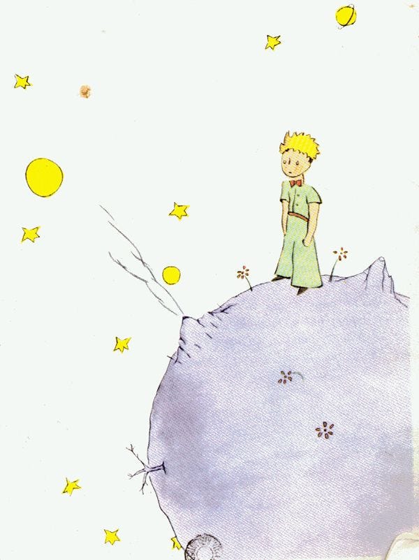 This may contain: a drawing of a boy standing on top of a hill with stars in the sky