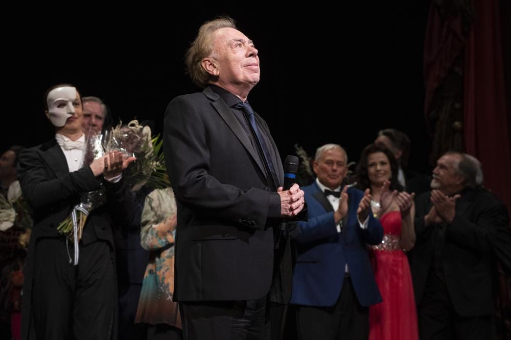 Andrew Lloyd Webber and the cast of "The Phantom of the Opera" appear at the curtain call following the final Broadway performance at the Majestic Theatre on Sunday, April 16, 2023, in New York. (Photo by Charles Sykes/Invision/AP)