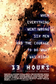 A soldier running from an explosion, fire and dirt in the air. Text is overlaid in large white block letters "When everything went wrong six men had the courage to do what was right"