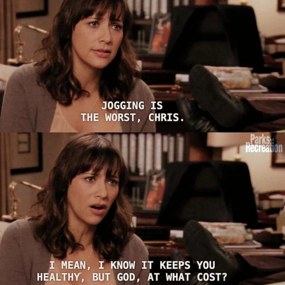 Parks & Recreation screenshots. In the top one, Ann is saying "Jogging is the worst, Chris." In the bottom one, the line continues: "I mean, I know it keeps you healthy, but god, at what cost?"