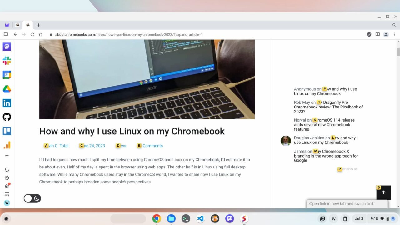 Vimium lets you browse on a Chromebook with just a keyboard with useful features like link shortcuts