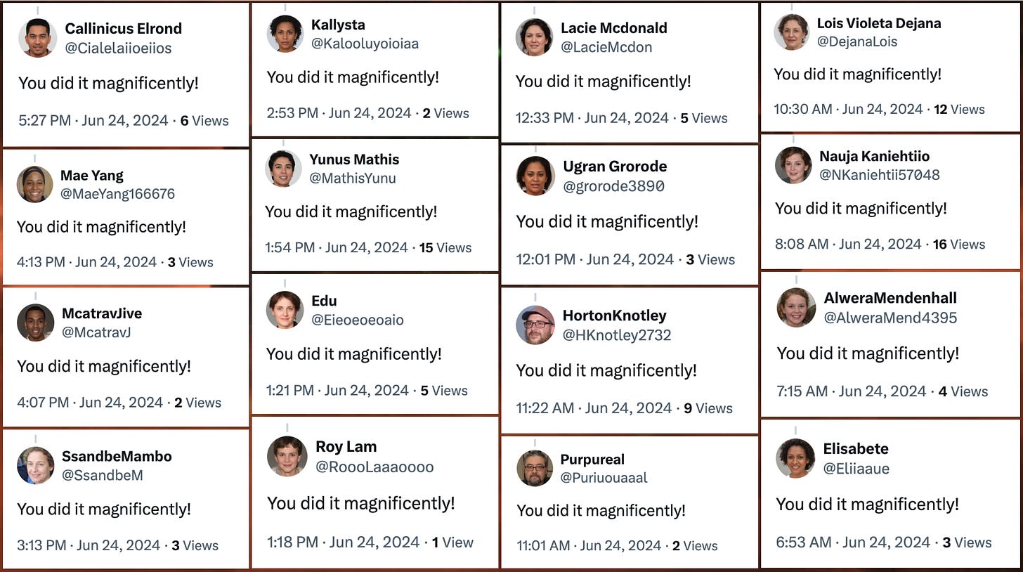 collage of 16 replies with the text "You did it magnificently!"
