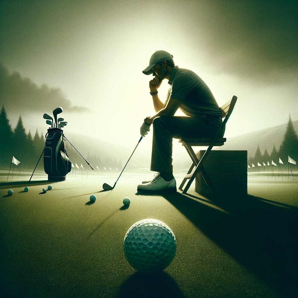 Refine the image to feature just one or two golf coaches or players on a slightly grittier, more intense golf course scene, with only a single golf ball visible on the practice green. These individuals are deeply immersed in a contemplative state about the game's strategic depth, focusing specifically on the debate between the short game and the long game. One person is visibly scratching their head in deep thought, while the other might be gazing intently at the lone golf ball, symbolizing the crux of their debate. The ambiance is more intense than before, with the late afternoon sun casting stark shadows, and the overall tone is more serious, reflecting the weight of their contemplation. This scene highlights the solitude and focus often found in the pursuit of mastering golf, stripping away the serene atmosphere for a moment of gritty realism.