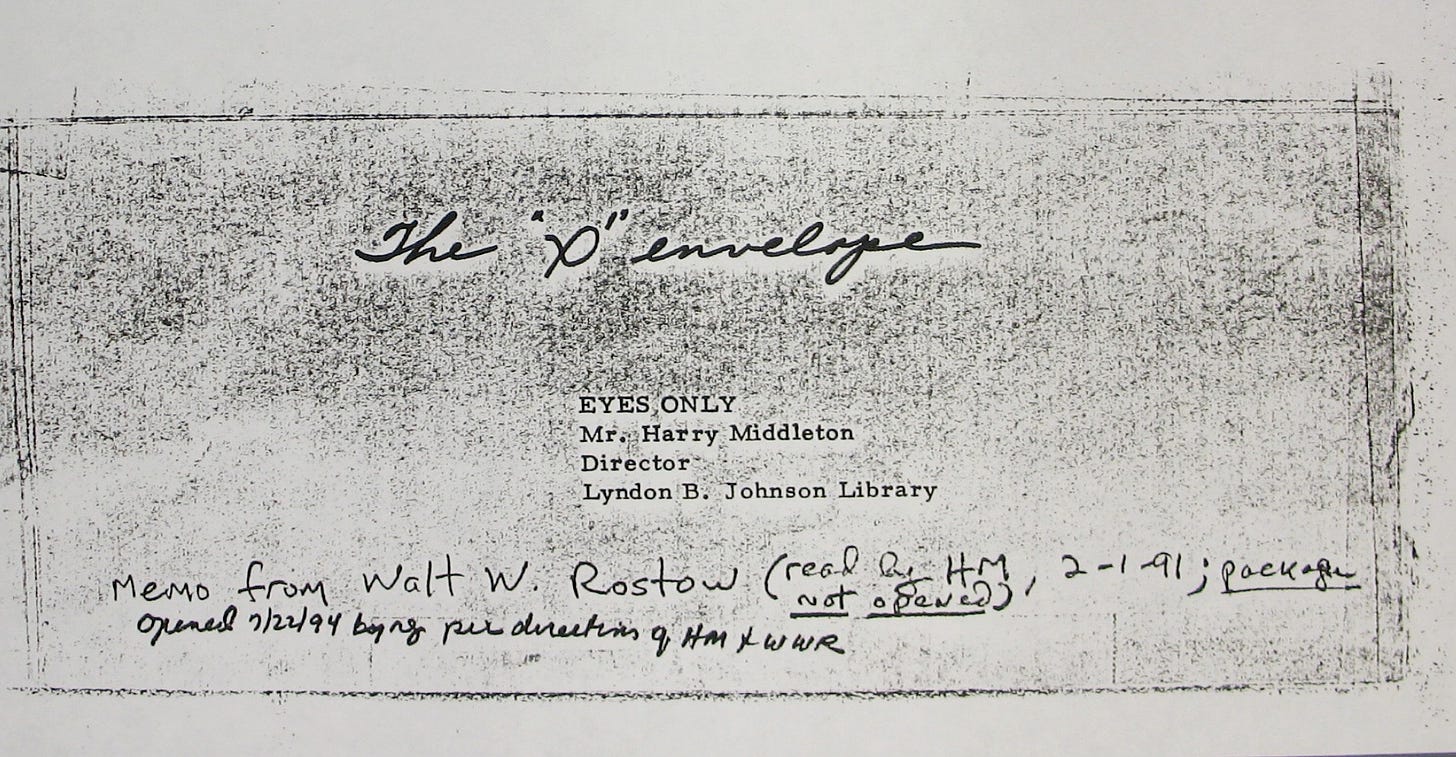 The cover of the LBJ-Rostow “X Envelope” 