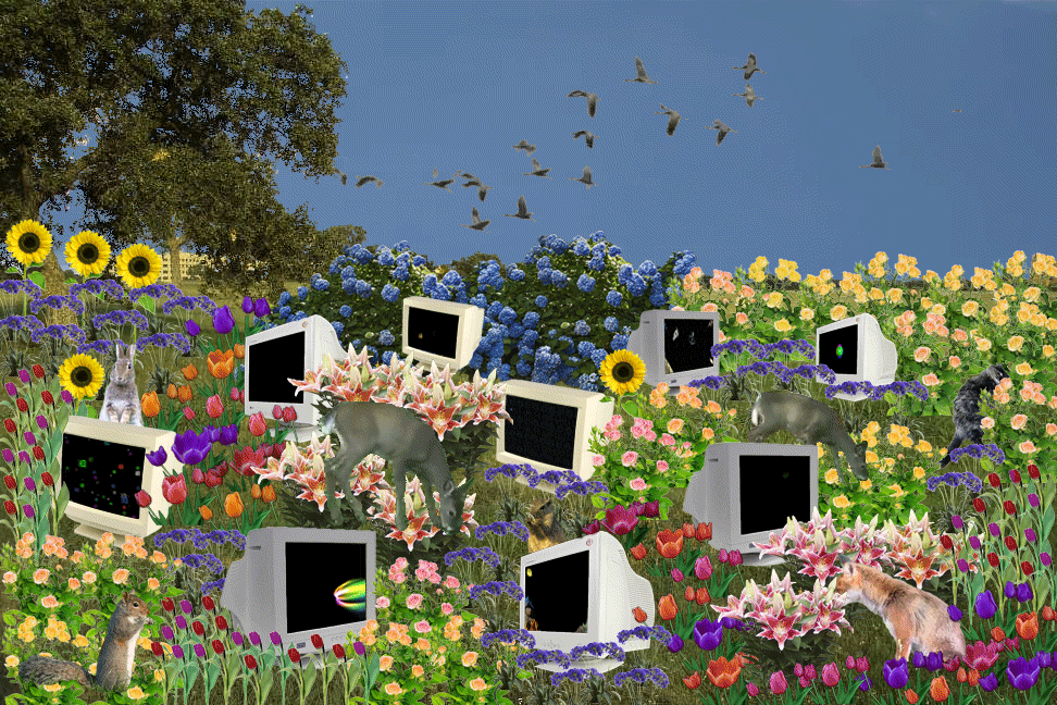 a moving gif of animals and computer screens in a flower-filled garden