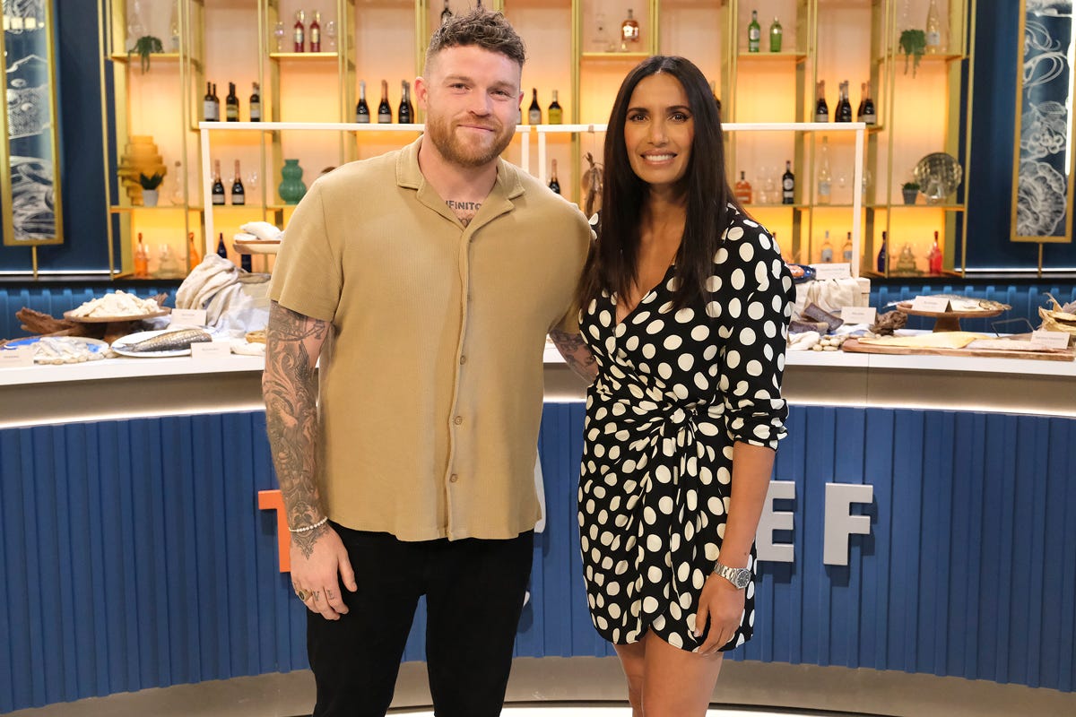Tom Brown and Padma Lakshmi on the set of Top Chef World All-Stars