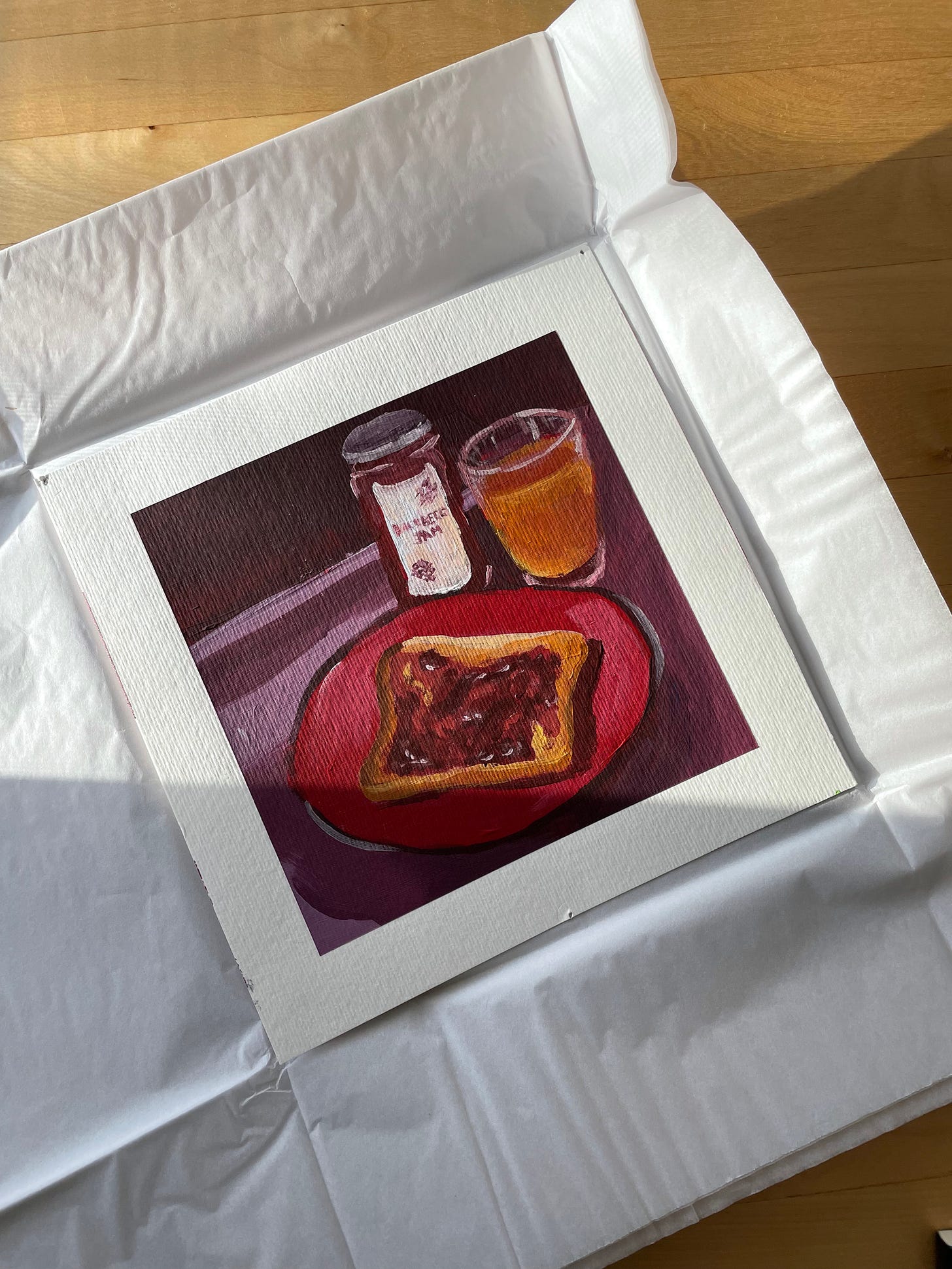 Square painting of a slice of toast, blackberry jam and orange juice photographed on a sunny dining table.