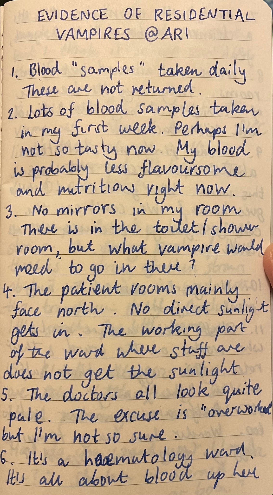 Evidence from my note book about vampires in the haematology ward.