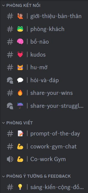 Các room trong Discord của khóa học Writing On The Net