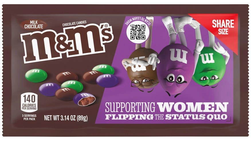 ID: a screenshot of the new package for M&Ms supporting women.