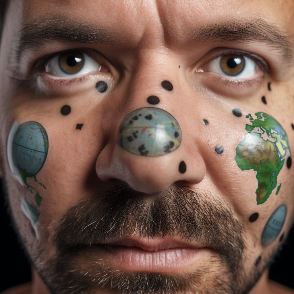 A man with various pieces of the earth stuck to his face