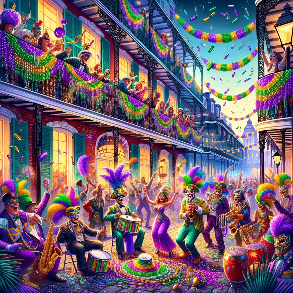 Create an image that perfectly encapsulates Mardi Gras in New Orleans, featuring a vibrant street scene filled with revelers in elaborate costumes and masks. The foreground should include a group of people joyously celebrating, throwing and catching colorful beads, with musicians playing traditional jazz in the background. The backdrop should depict the historic French Quarter, with its iconic wrought-iron balconies adorned with Mardi Gras decorations, such as banners and lights in purple, green, and gold. The atmosphere should be lively and festive, capturing the essence of this unique cultural celebration.