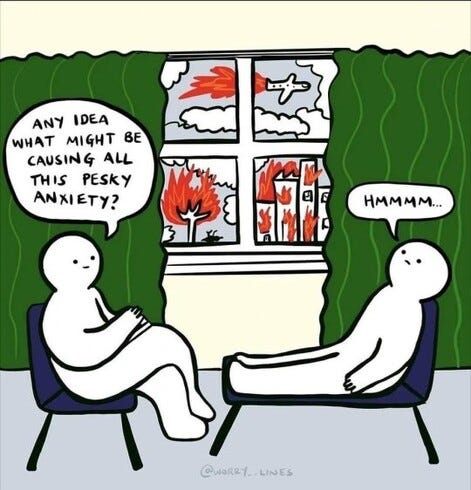 Karikatur:
Psychiater und Patient im Thearpiezimmer. Durch das Fenster sieht man brennende Bäume, Häuser und Flugzeuge. Psychiater fragt: Any idea what might be causing all this pesky anxiety?