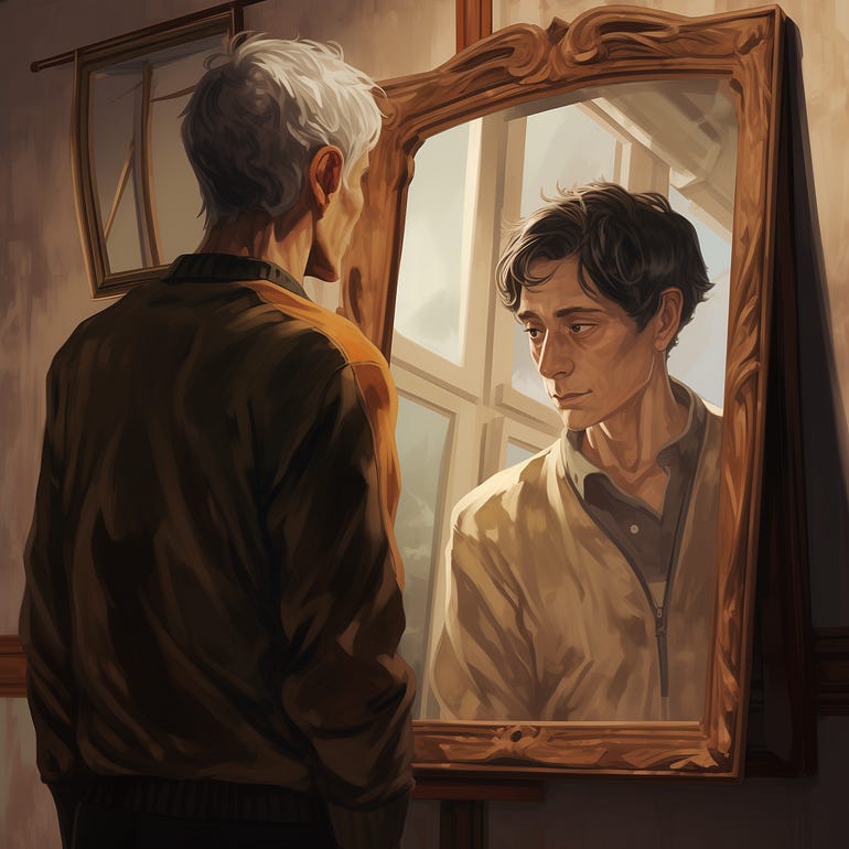 An old man looking into the mirror with grey hair and having his younger, brown-haired reflection looking back at him.
