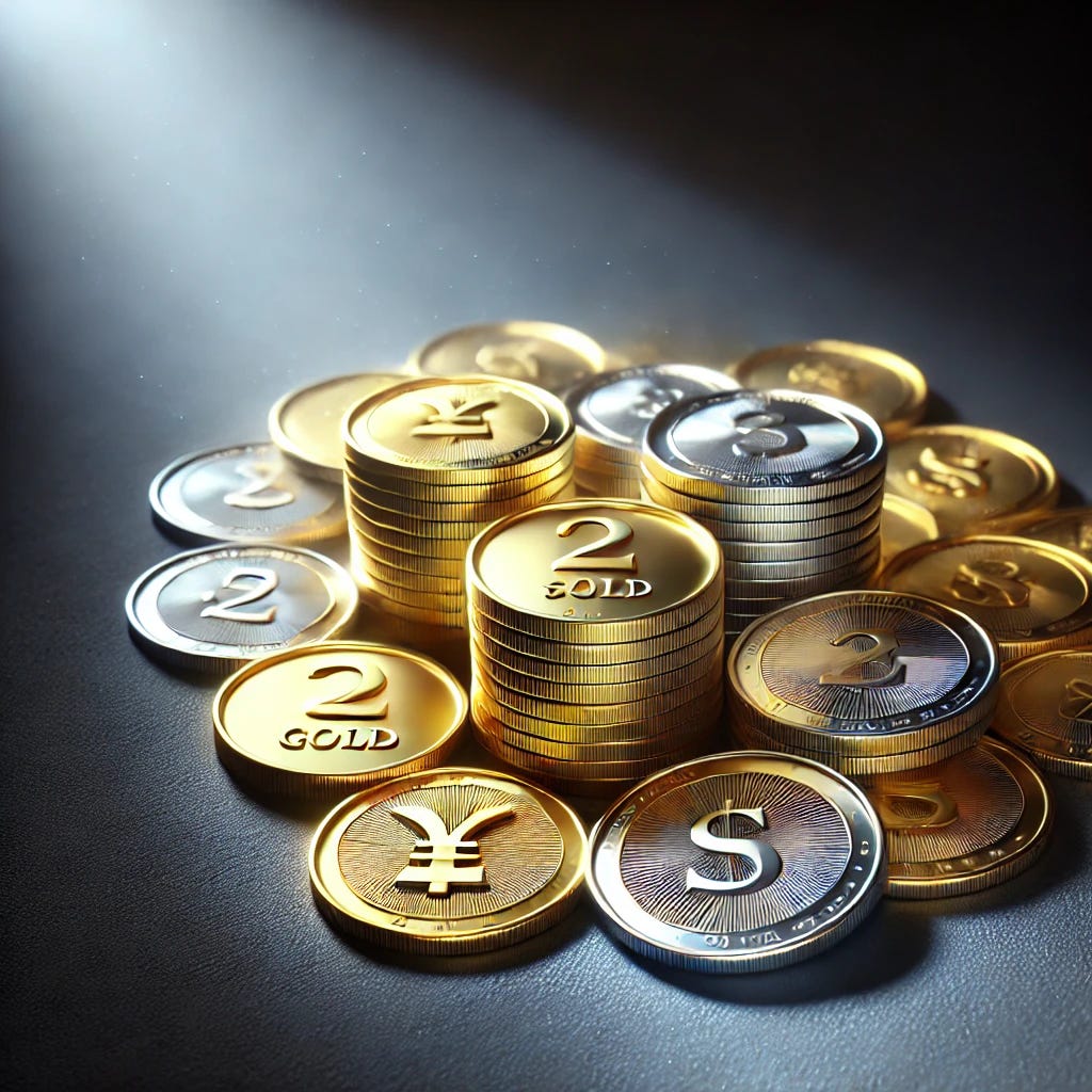 A close-up image of precious metal coins, including gold and silver, arranged neatly on a dark background, with a spotlight illuminating the coins to emphasize their value. The coins should look pristine and visually striking, symbolizing wealth preservation and investment. The background should be simple and elegant, focusing on the coins themselves.
