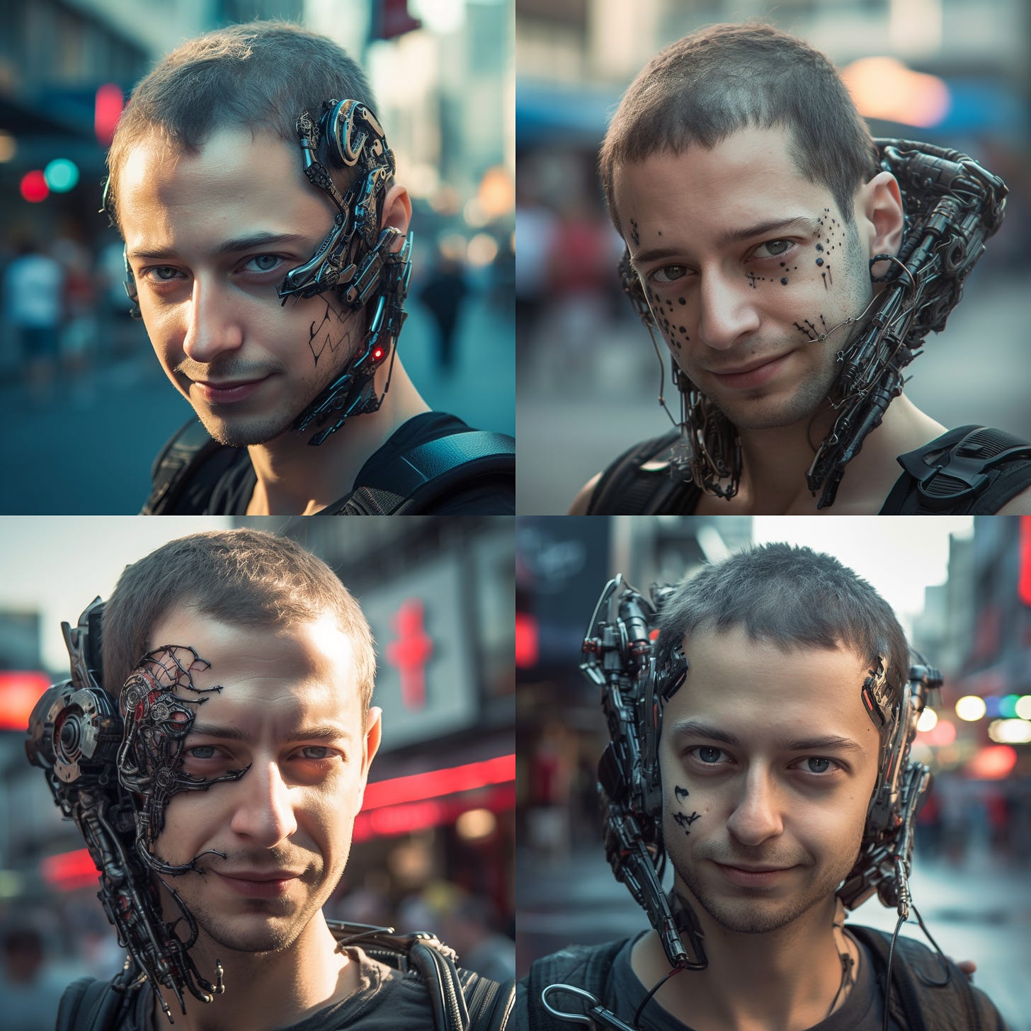 4-image grid in Midjourney for the "cyberpunk cyborg" prompt