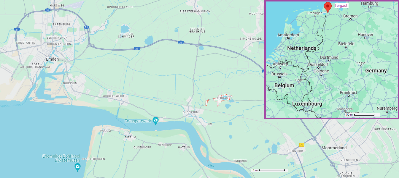 Map image showing the village of Tergast in relation to the city of Emden, which an inset showing Tergast within modern Germany.