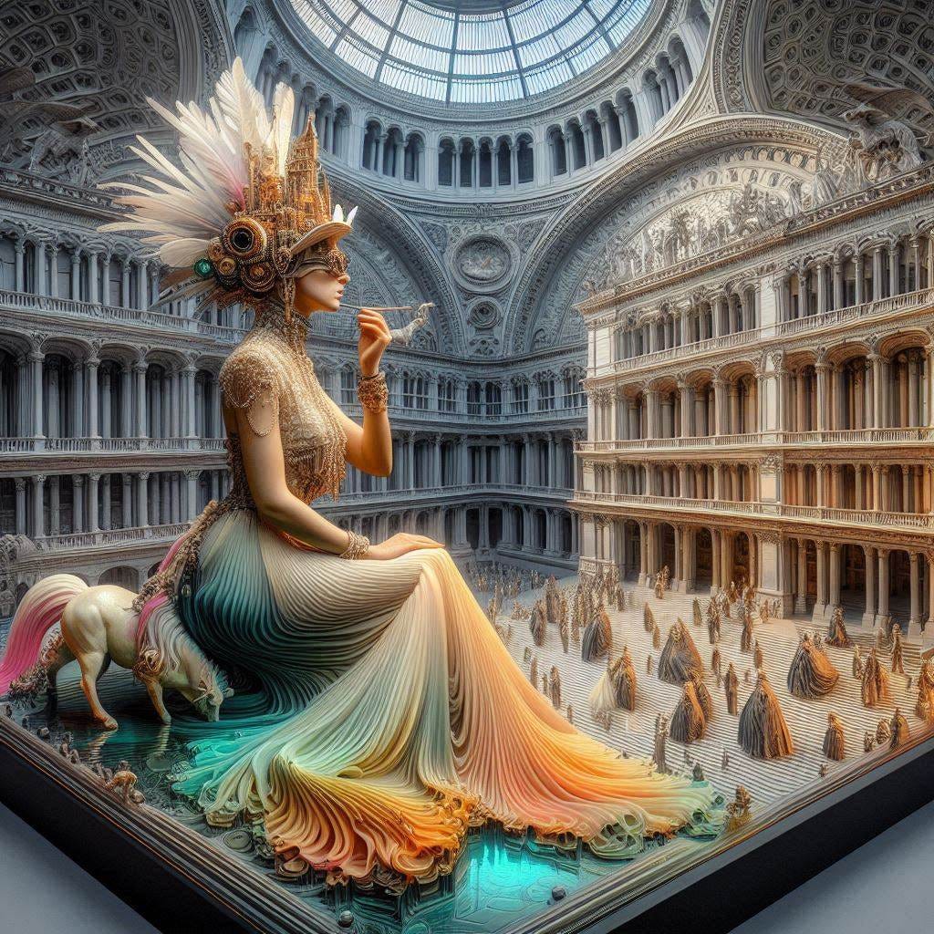 hyper realistic tiltshift 4d angle glass embedded Altgeld hall building/ black,coral orange, pink, cream, olive/ woman inside Altgeld hall in olive,chartrues,midnightblue, white Victorian bust / drewhite feather scarf/ psychadelic steampunk headress/she is sitting on a unicorn. water in resin/ honey-wood and copper/ Marquetry, verdigris./ standing on stage/ people dancing in distance/ In the style of Michael Parkes. black etching/ black linework/ white tiger / black sky 