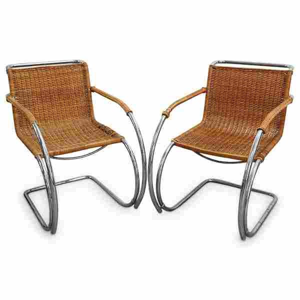Pair of Mies van der Rohe Tubular & Wicker Arm Chairs
