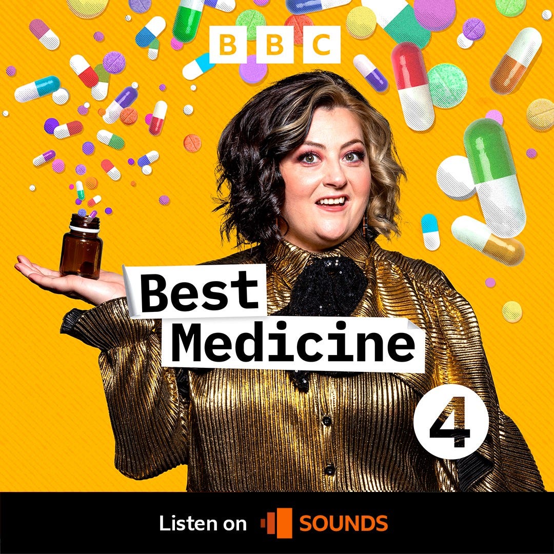A promotional image for Best Medicine. Comedian Kiri Pritchard-McLean holds a medicine bottle from which illustrated pills burst around her. The caption says 'Listen on Sounds'.