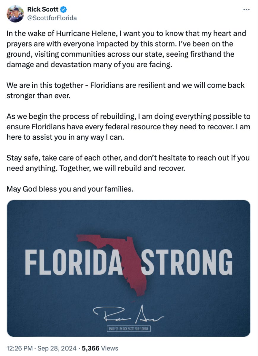 Rick Scott said he is "doing everything possible to ensure Floridians have every federal resource they need to recover"