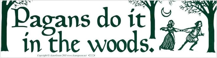 A white banner with green text that reads "Pagans do it in the woods." Trees, a crescent moon, and two individuals in the woods surround the text.