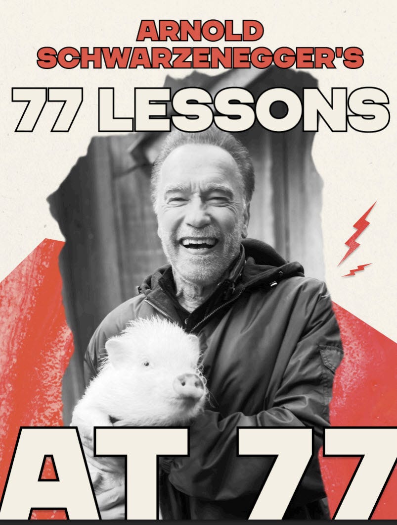 อาจเป็นกราฟิกรูป 1 คน และ ข้อความพูดว่า "ARNOLD SCHWARZENEGGER'S 77 LESSONS AT AT77 77"