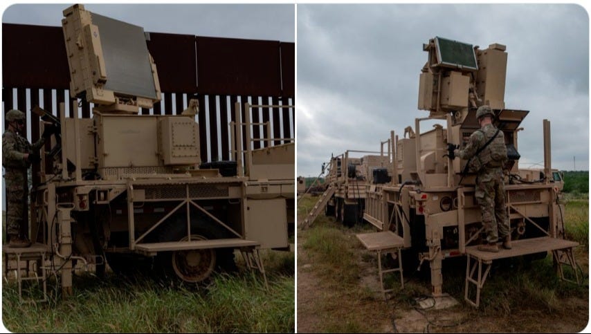 US troops deploy an advanced radar system (AN/MPQ-64 Sentinel) near Rio Grande City, Texas, to detect cartel drones along the border. US troops deploy an advanced radar system (AN/MPQ-64 Sentinel) near Rio Grande City, Texas, to detect cartel drones along the border.