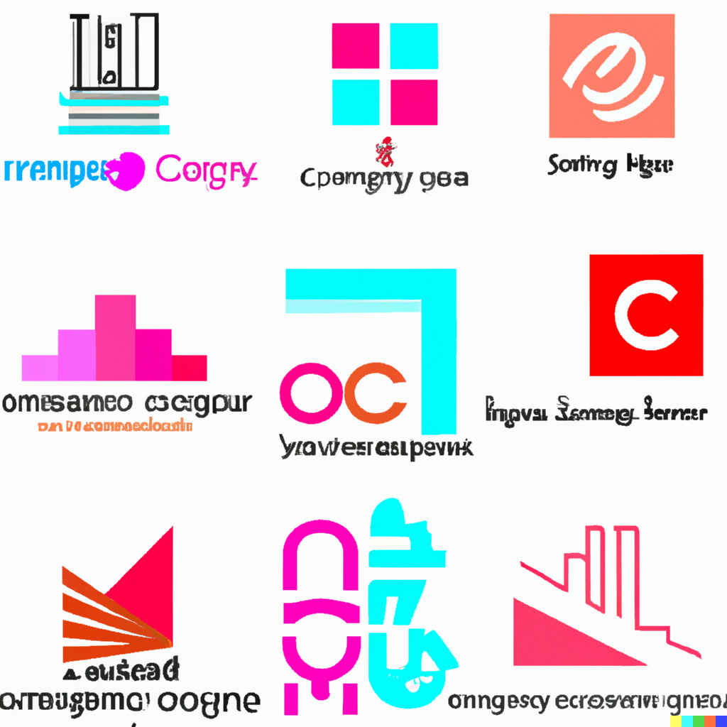 a DALL-E generated grid of "corporate logos" that are various collections of shapes and round letters (or letter like artifacts) in various pastel shades. All featuring nonsense almost letter forms and words for names.