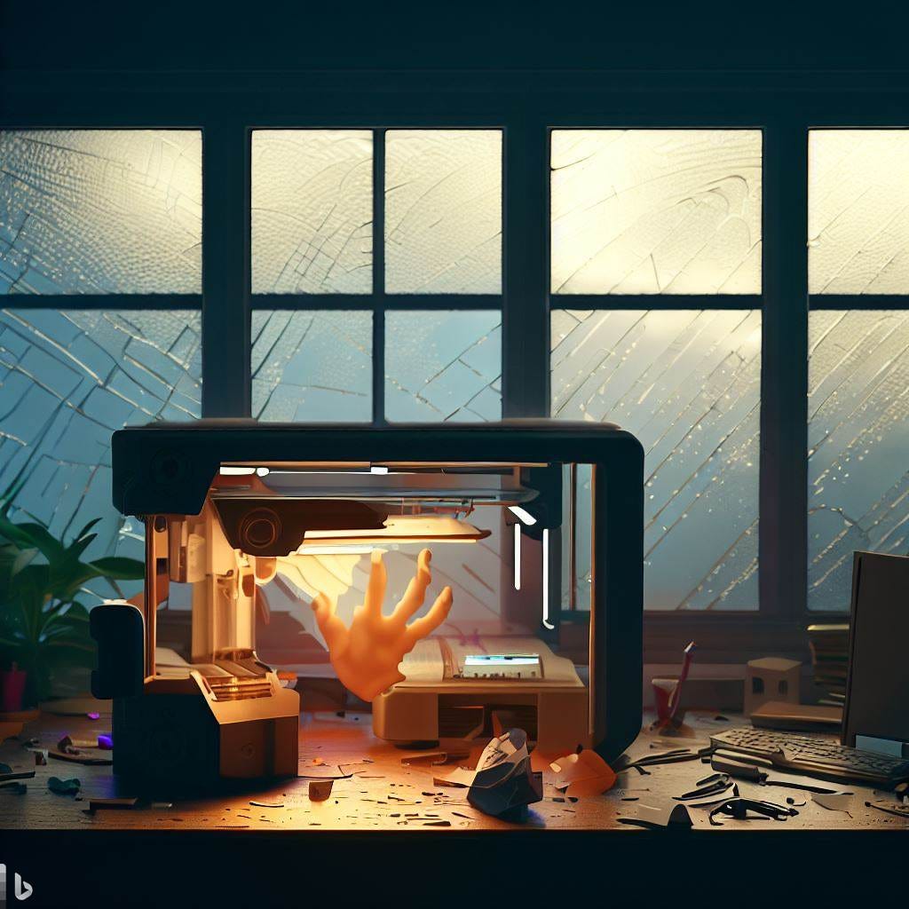 3d printer making a hand, desk, small office, broken glass, hurricane in window, solarpunk