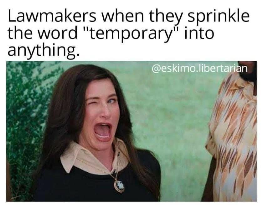 May be an image of 2 people and text that says 'Lawmakers when they sprinkle the word "temporary' into anything. @eskimo.libertarian'