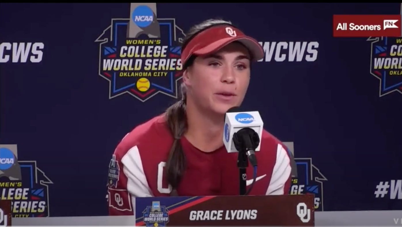 Grace Lyons, a senior infielder for the Sooners, speaks to reporters.