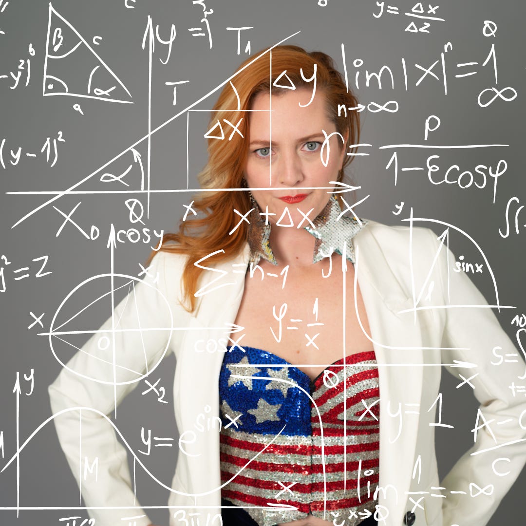 A red-haired white woman wearing a white blazer, giant sequined star earrings, and a sequined American flag bustier stares at the camera with pursed lips and a serious expression. Mathematical equations are overlayed over the photo.